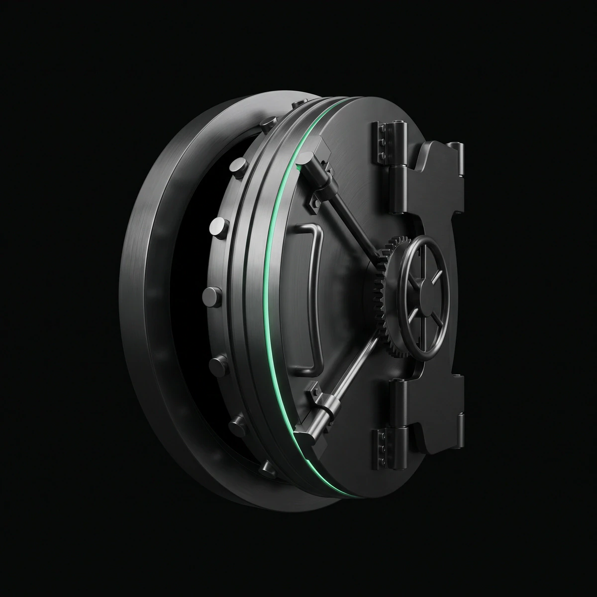 Graphite vault door with a thin emerald light in the seam